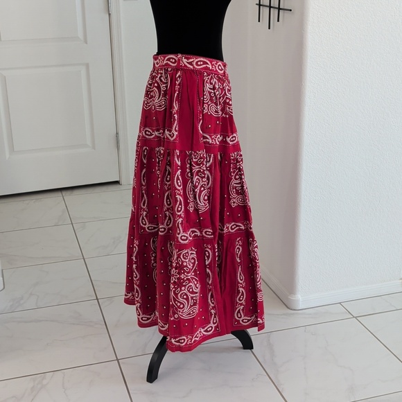 Laundry True Red Bandana Print Full Circle Midi Skirt Pearl Buttons S Western - Picture 6 of 10